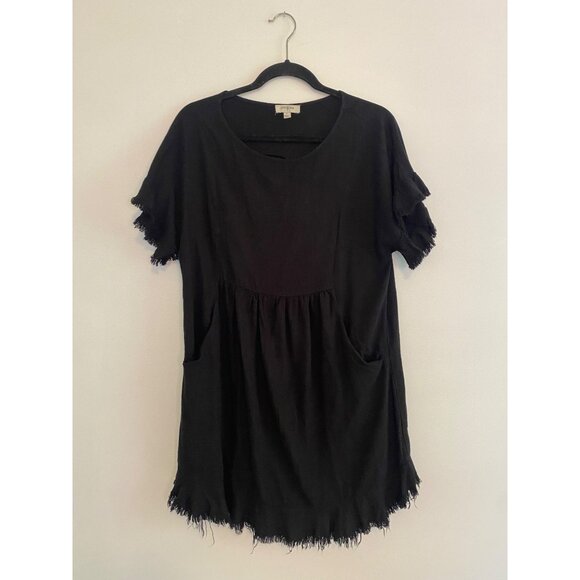 Umgee Black Linen Blend Fringe Hem Short Sleeve Tiered Dress With Pockets Size S - Picture 1 of 7